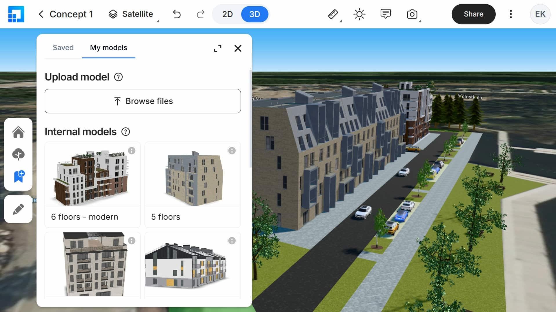 En 3D-modell av en byggnad som placerats på en tomt