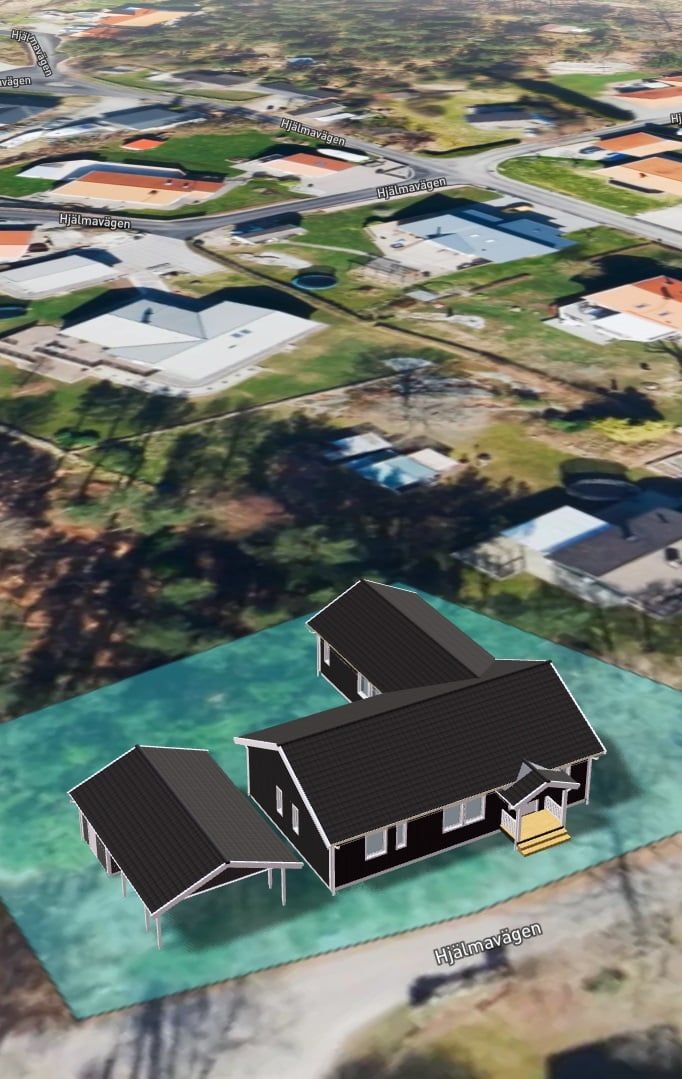 En karta med tomtgränser och en 3D-modell av ett hus placerad på en tomt.