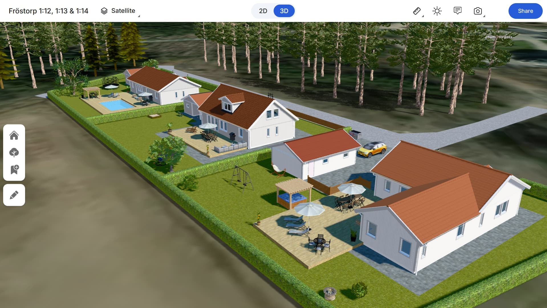 Tre vitröda småhus med stora trädgårdar