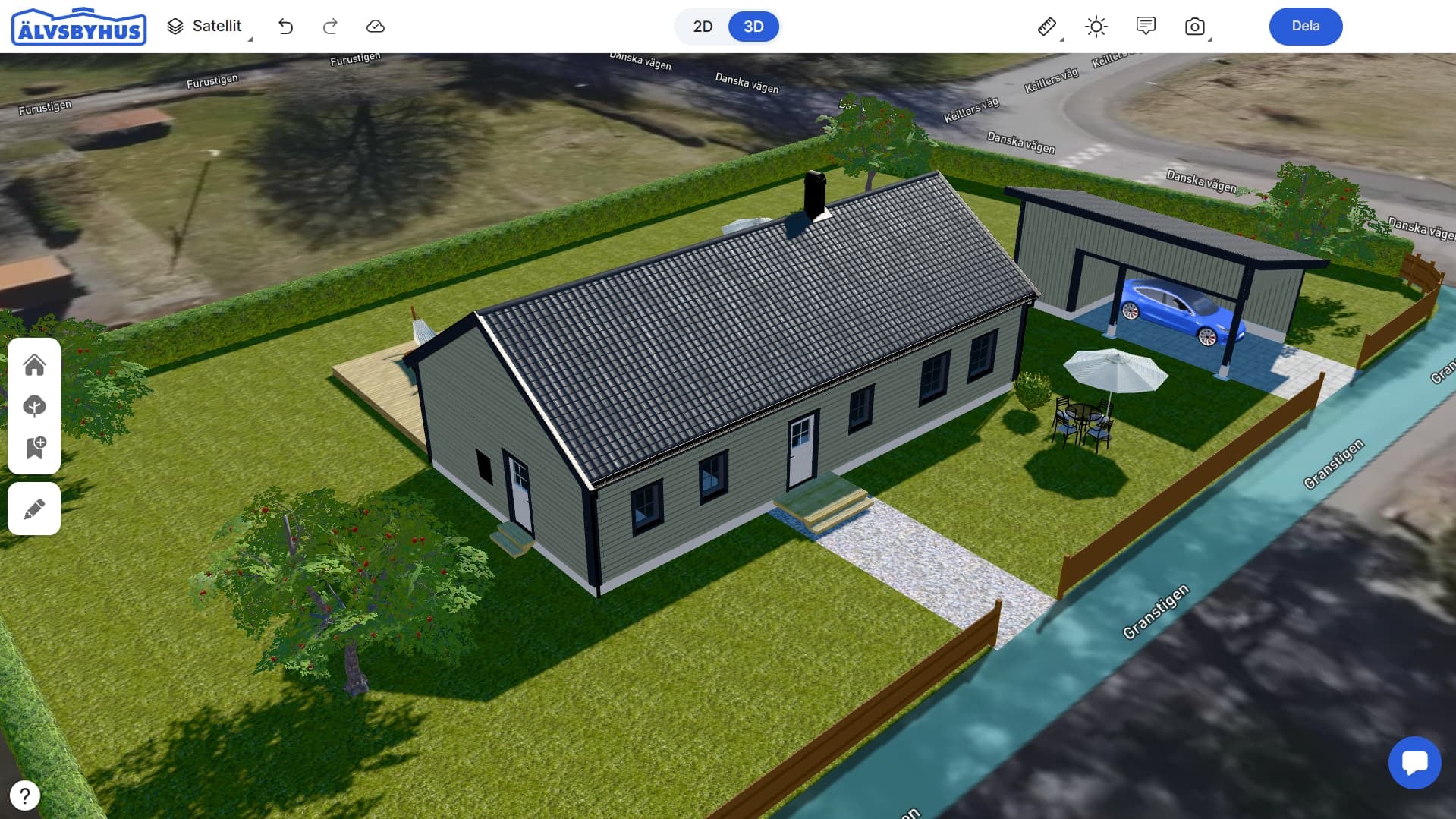 Skiss av en tomt med ett grönsvart enplanshus och närliggande carport