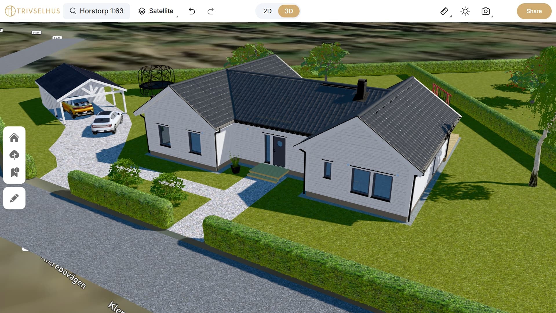 Skiss av en tomt med ett vitt H-format hus grusgångar och en stor carport