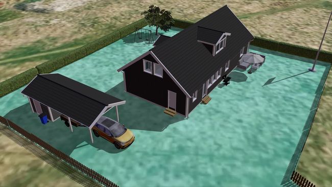 En vy i kartverktyget med ett hus och garage, samt flera andra modeller utplacerade