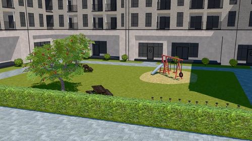 En skiss av en lekplats på gården för ett större lägenhetsprojekt