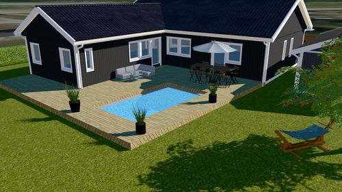 Baksidan av ett vinkelhus med en stor altan och inbygg pool