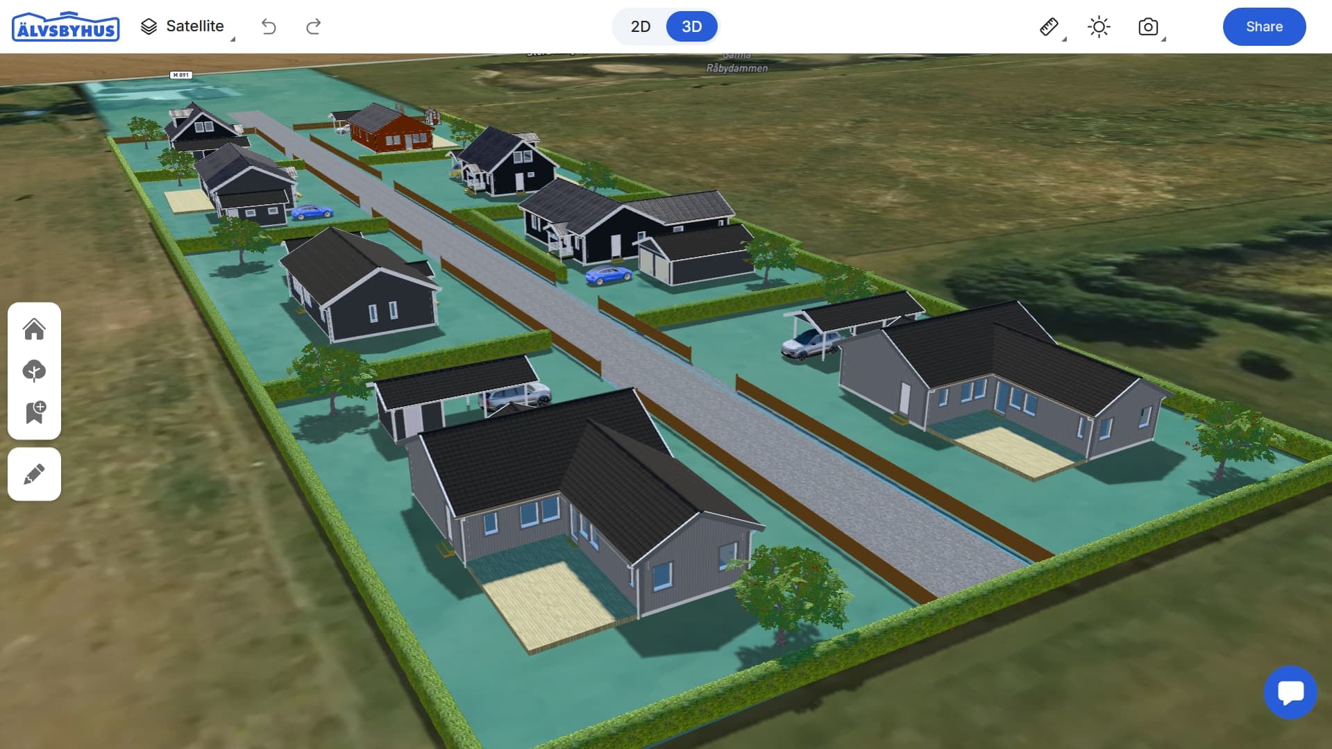Skiss av ett bostadsprojekt med flera tomter för småhus